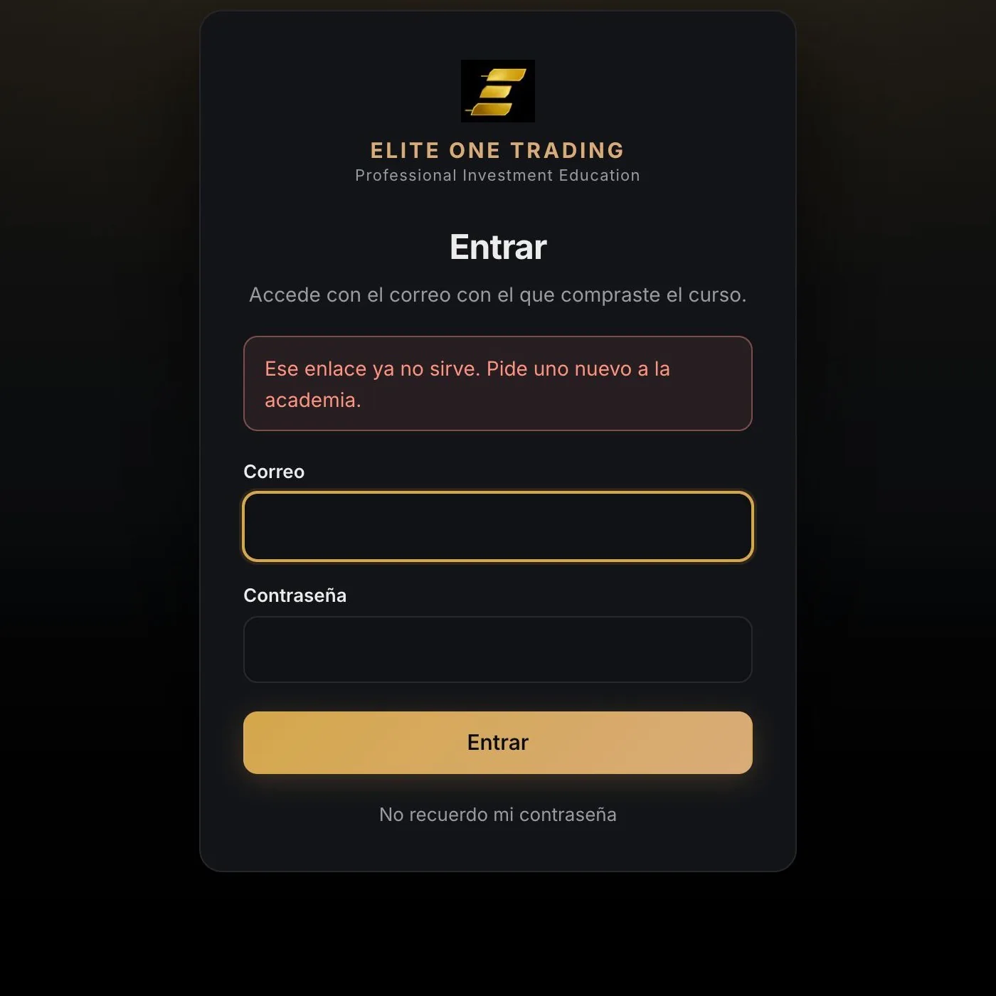 Aviso Ese enlace ya no sirve en la pantalla de entrada